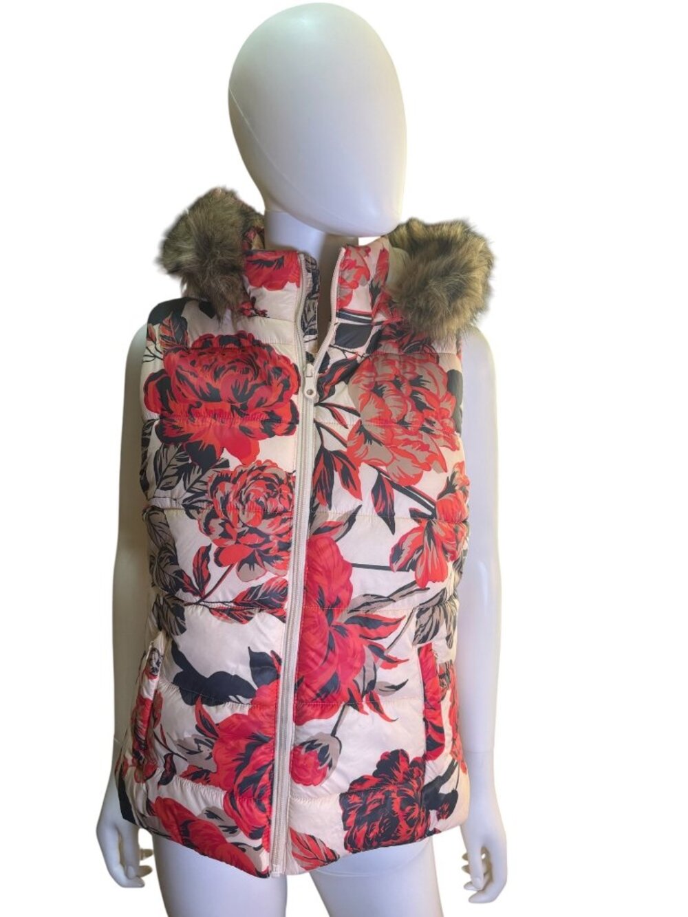 Offline By Aerie Womens Floral Puffer Vest With Faux Fur Hood S/P Fall EUC